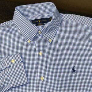 Ralph Lauren Classic Fit Performance Blue & White Gingham Button Down LARGE
